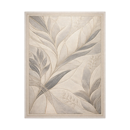 A framed botanical art print featuring layered, elegant leaves in soft neutral tones of beige, gray, and cream, set against a solid white background.