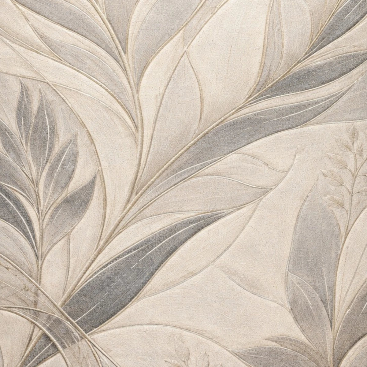 A close-up of a botanical wallpaper or fabric pattern featuring large, layered leaves in shades of gray and beige with a textured, linen-like finish.
