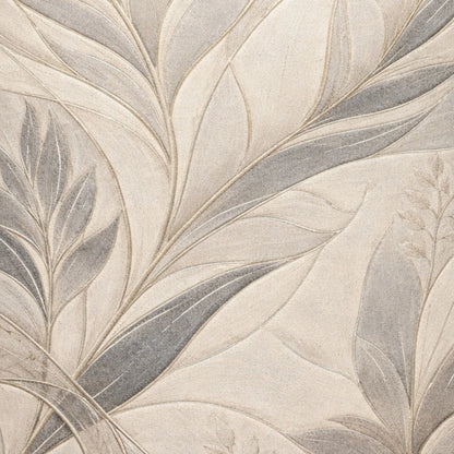A close-up of a botanical wallpaper or fabric pattern featuring large, layered leaves in shades of gray and beige with a textured, linen-like finish.