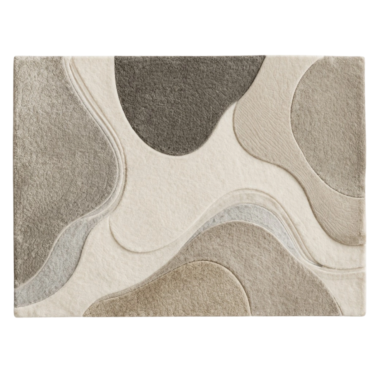 A rectangular area rug with an abstract, organic wavy pattern in neutral tones of beige, taupe, gray, and cream.