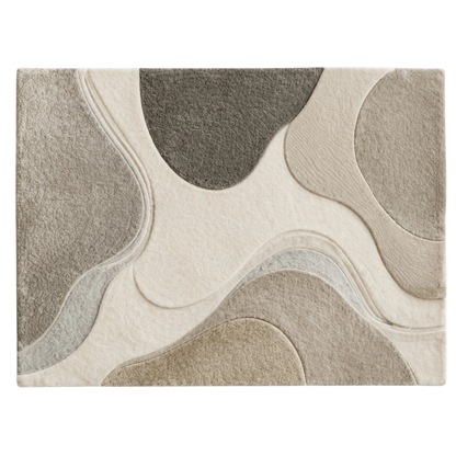 A rectangular area rug with an abstract, organic wavy pattern in neutral tones of beige, taupe, gray, and cream.