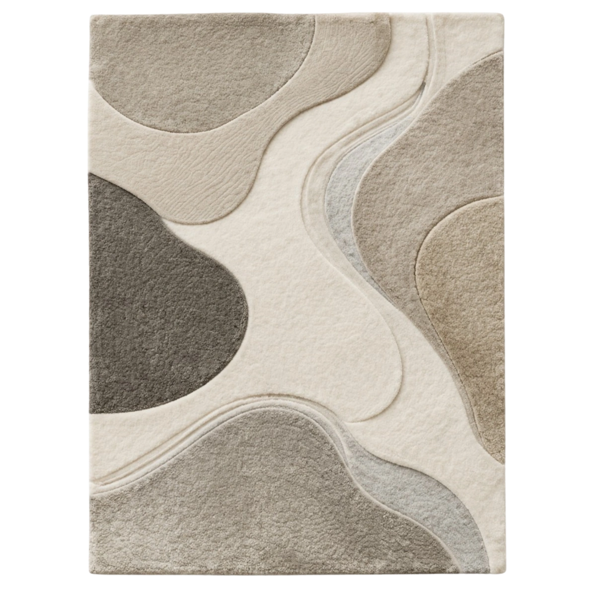 A rectangular area rug with an abstract wavy pattern in neutral tones of beige, gray, taupe, and off-white.