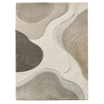 A rectangular area rug with an abstract wavy pattern in neutral tones of beige, gray, taupe, and off-white.