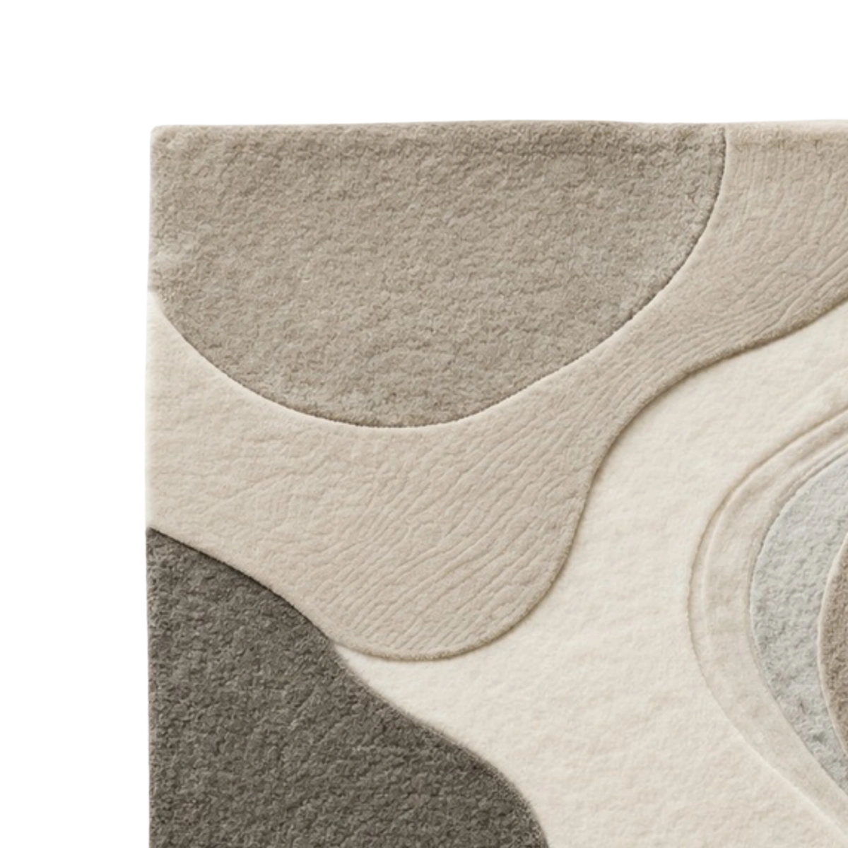 Close-up of a modern area rug with an abstract organic wavy pattern in beige, cream, taupe, and dark gray, shown on a white background.