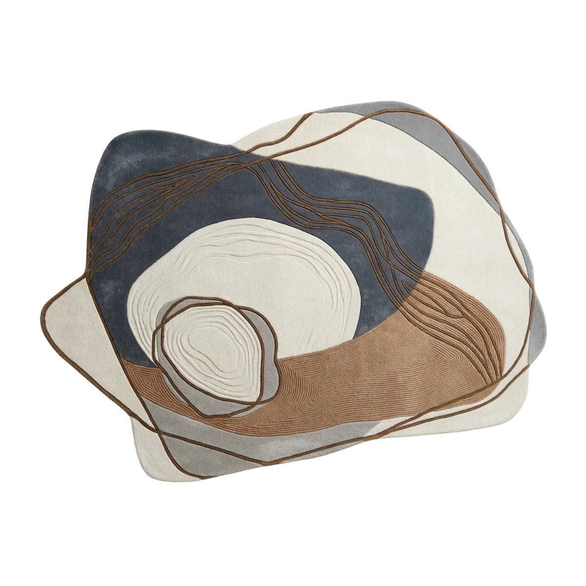 Abstract area rug with organic shapes in cream, slate blue, taupe, and gray, outlined with thin brown lines, shown on a plain white background.