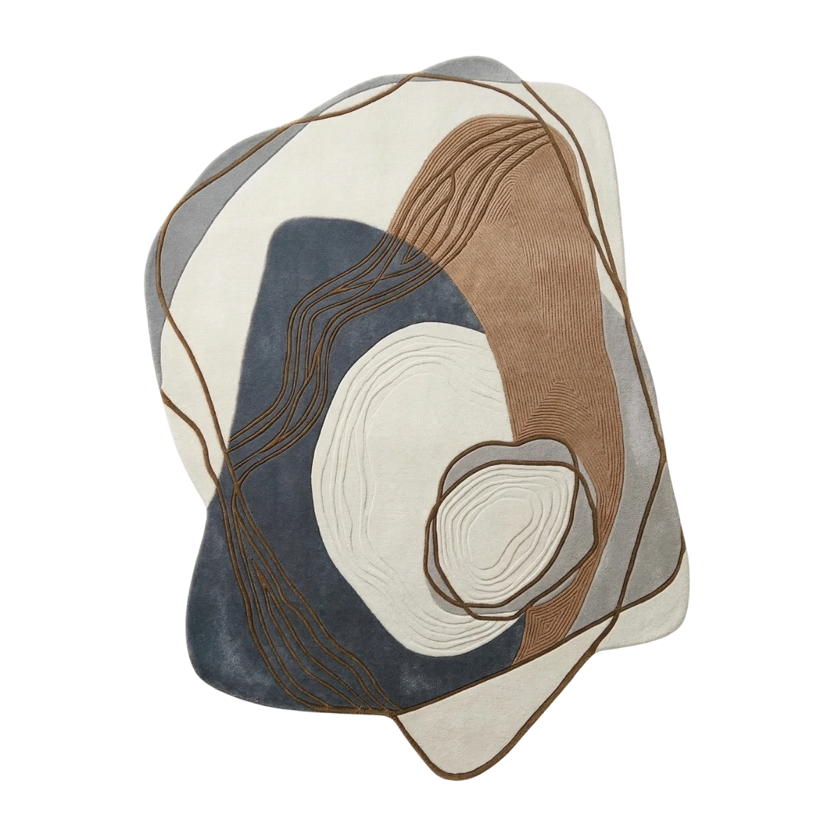 Abstract area rug with organic layered shapes in cream, slate blue, taupe, and light gray, outlined with thin brown lines, shown on a plain white background.
