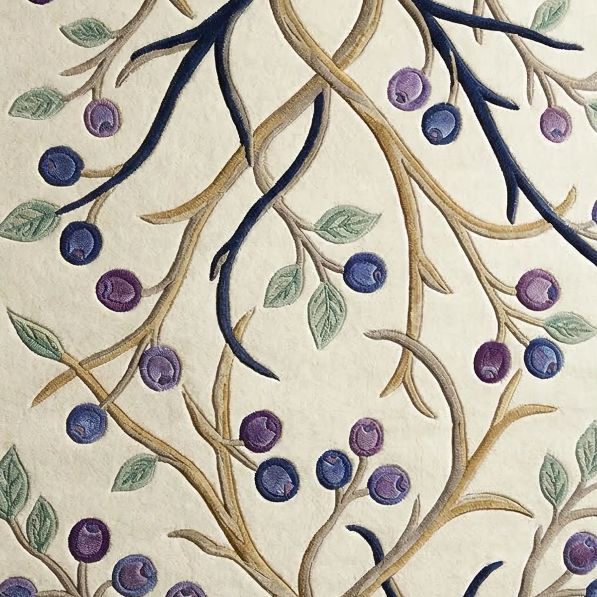 A close-up of a woven textile or wallpaper pattern featuring cream-colored branches with purple and blue berries and green leaves on a light beige background.