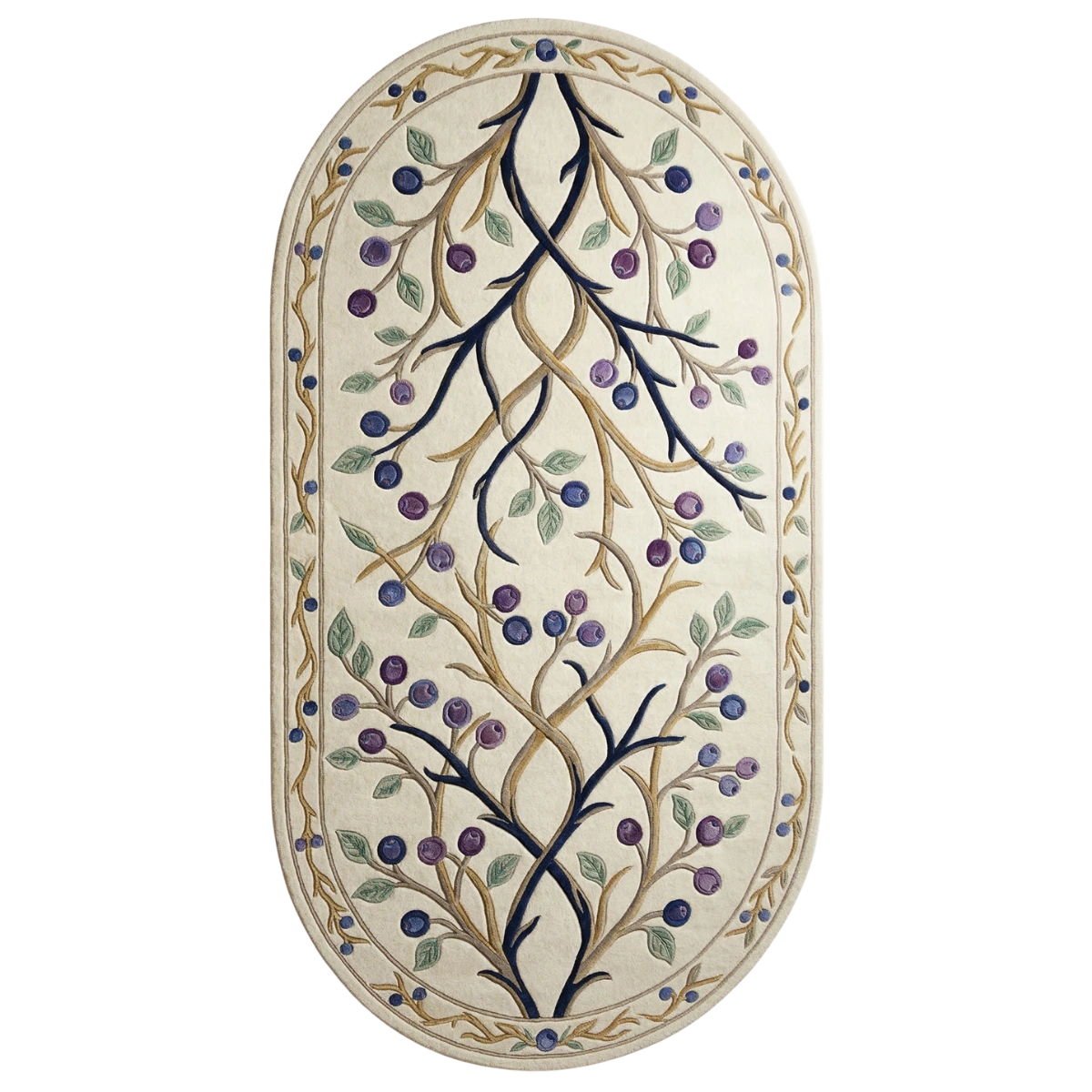 An oval area rug with a cream background featuring a botanical pattern of dark blue branches, purple berries, and green leaves, bordered by a matching blue and gold vine design.