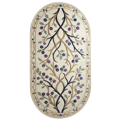 An oval area rug with a cream background featuring a botanical pattern of dark blue branches, purple berries, and green leaves, bordered by a matching blue and gold vine design.