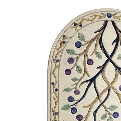 Close-up of an arched rug or textile with a cream base, dark navy and tan branches, green leaves, and purple-blue berries on a white background.