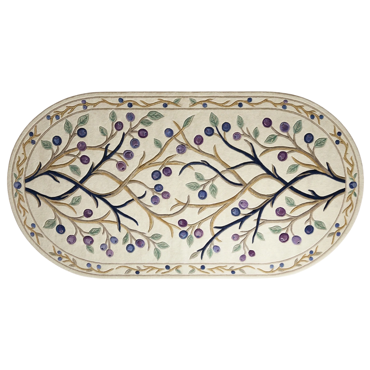 An oval ceramic plate or tray with a cream-colored background, decorated with a hand-painted style pattern of dark blue branches, purple and blue berries, and green leaves, bordered by a matching floral pattern.