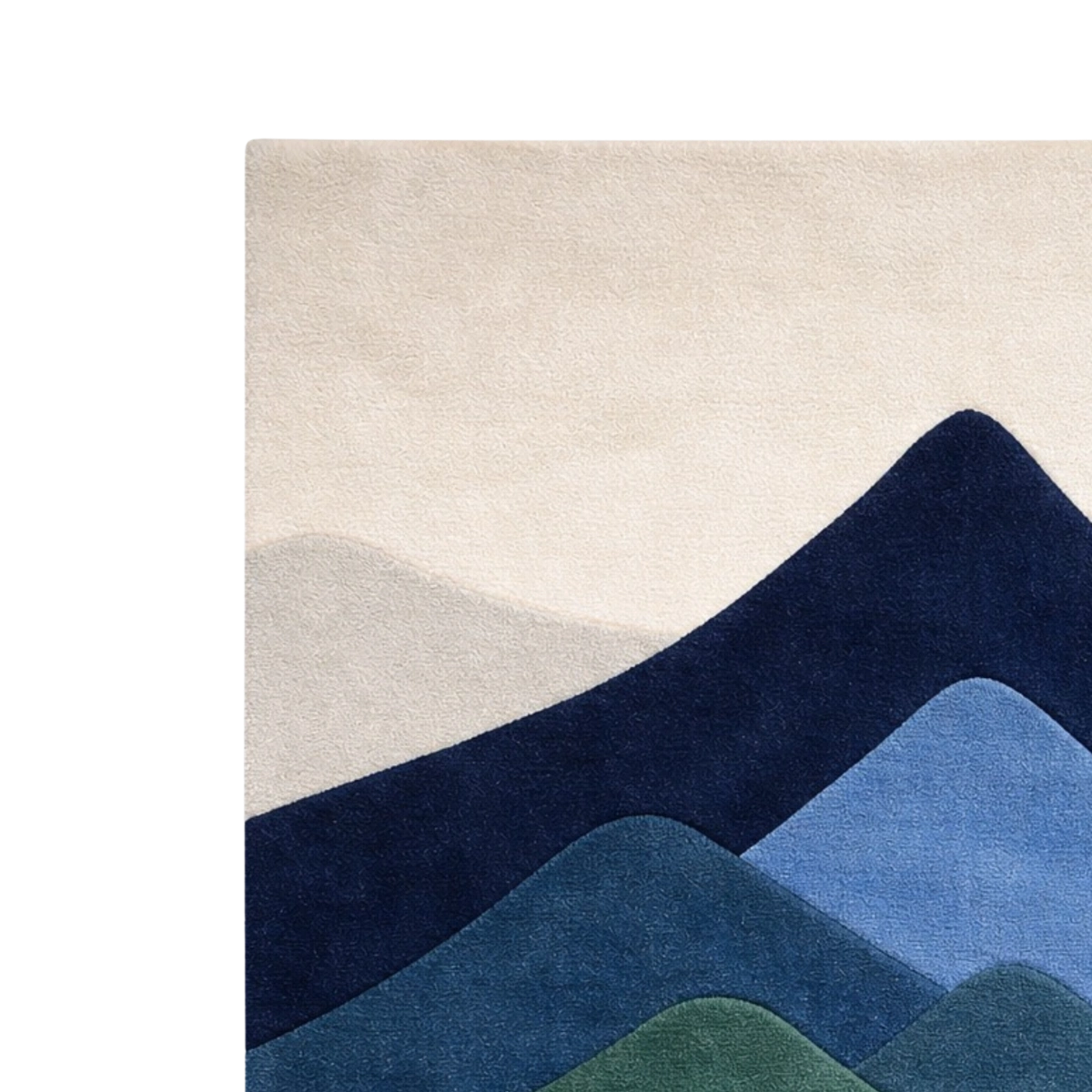 A close-up of a textured rug featuring a minimalist mountain design in shades of navy, blue, green, and beige.
