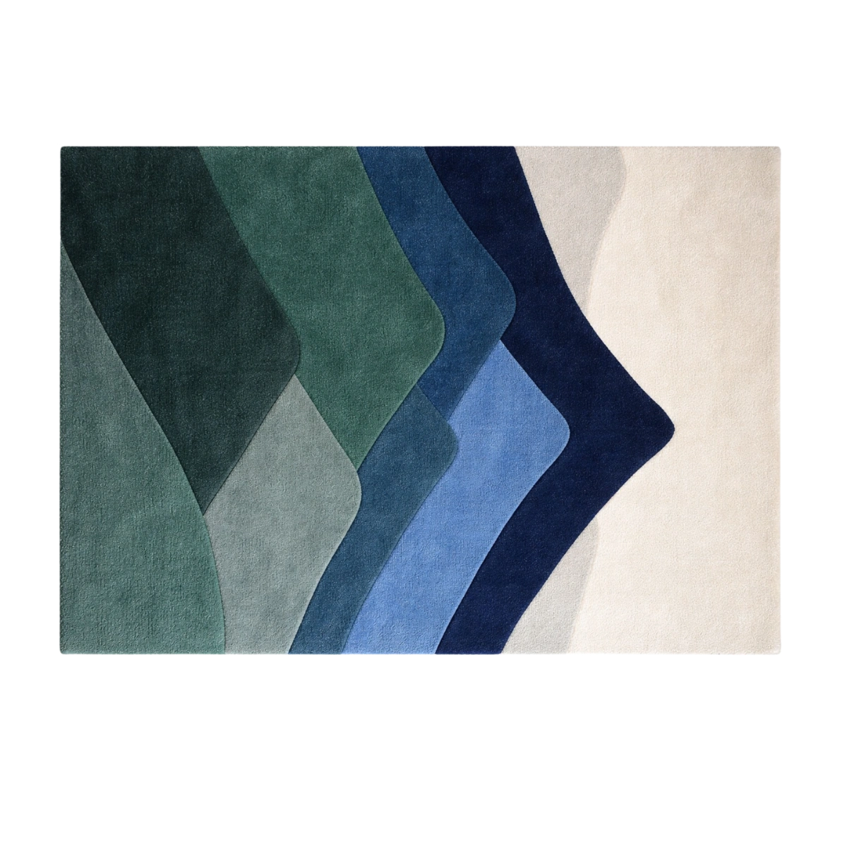 An abstract area rug with layered, curved geometric shapes in dark green, teal, blue, navy, and cream, shown flat against a white background.