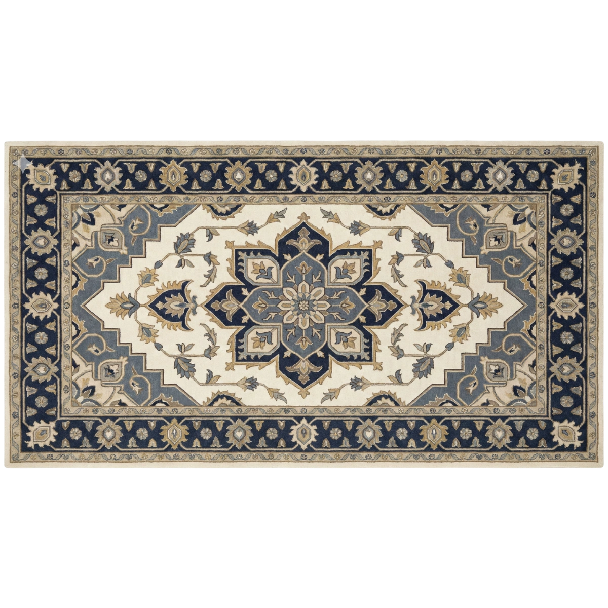 A rectangular traditional area rug with an intricate central medallion and floral motifs in navy blue, beige, and gray, shown flat against a white background.