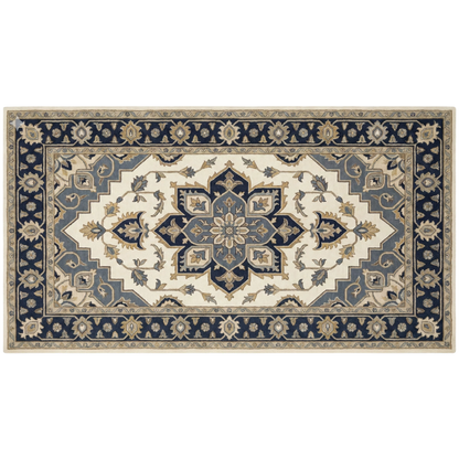 A rectangular traditional area rug with an intricate central medallion and floral motifs in navy blue, beige, and gray, shown flat against a white background.