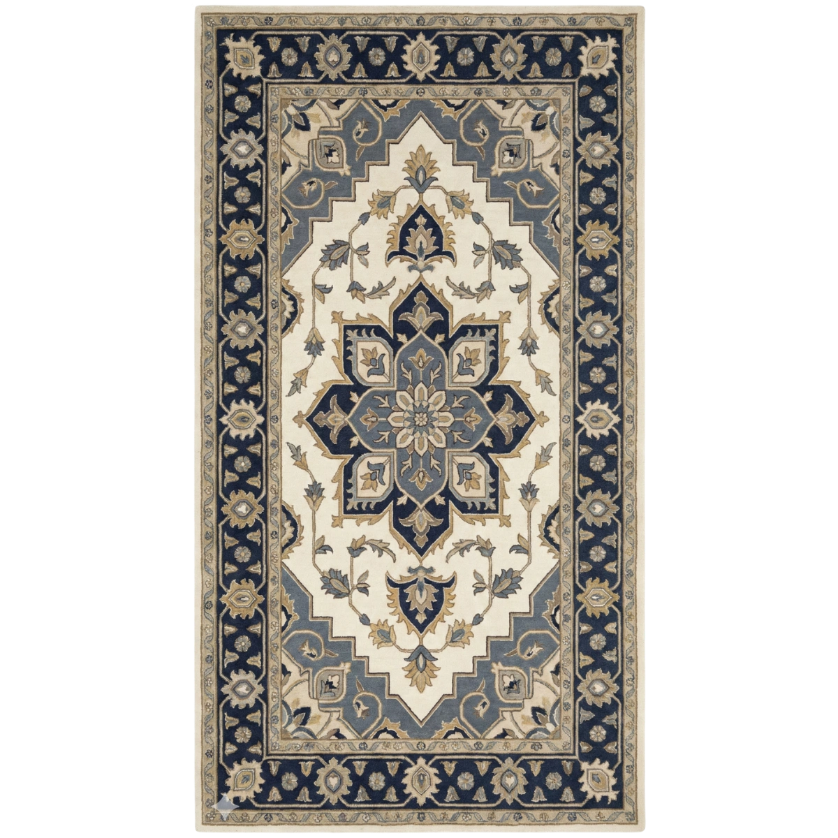 A rectangular traditional area rug with an ornate central medallion and floral motifs, featuring a cream center, navy blue border, and beige accents.