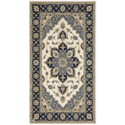 A rectangular traditional area rug with an ornate central medallion and floral motifs, featuring a cream center, navy blue border, and beige accents.