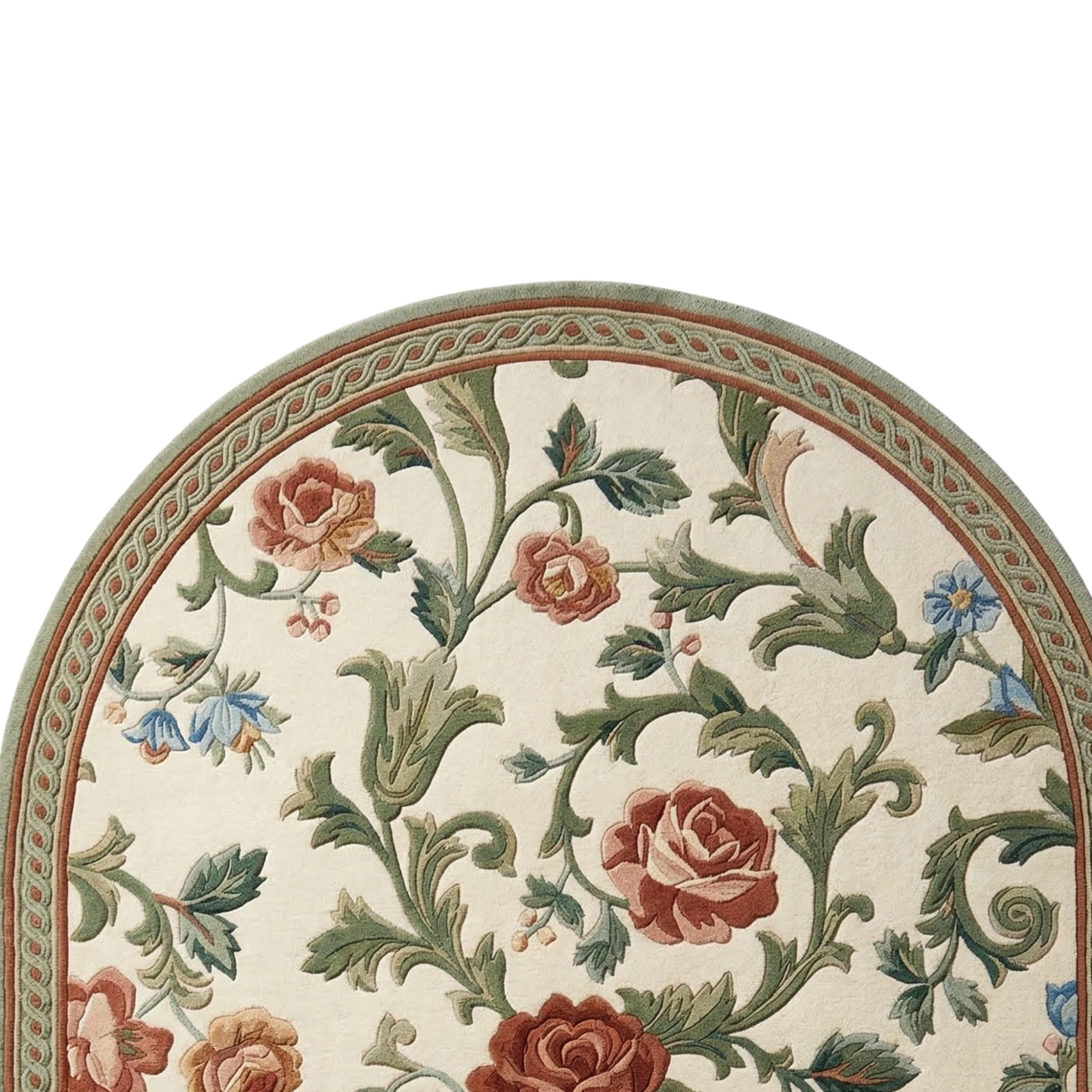 An oval area rug with a classic floral pattern featuring roses and leaves in muted green, terracotta, and light blue on a cream background, with a decorative border.