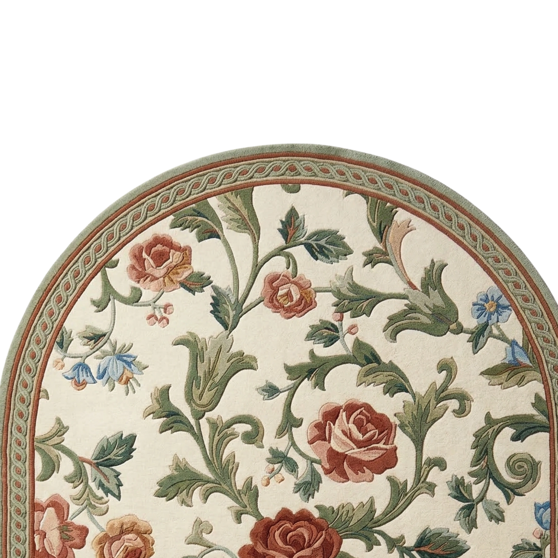 An oval area rug with a classic floral pattern featuring roses and leaves in muted green, terracotta, and light blue on a cream background, with a decorative border.