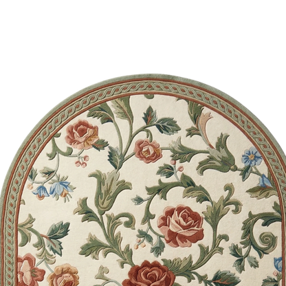 An oval area rug with a classic floral pattern featuring roses and leaves in muted green, terracotta, and light blue on a cream background, with a decorative border.
