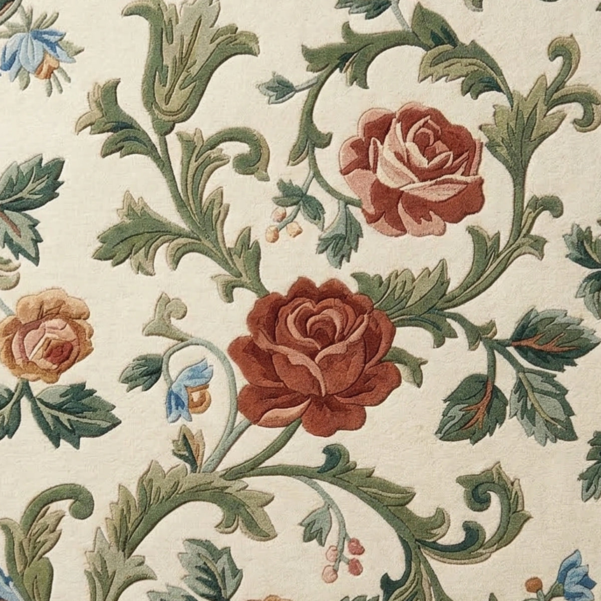 A close-up of a floral patterned fabric or wallpaper featuring large rose motifs in muted terracotta and peach tones, accented by green leaves and small blue flowers on an off-white background.