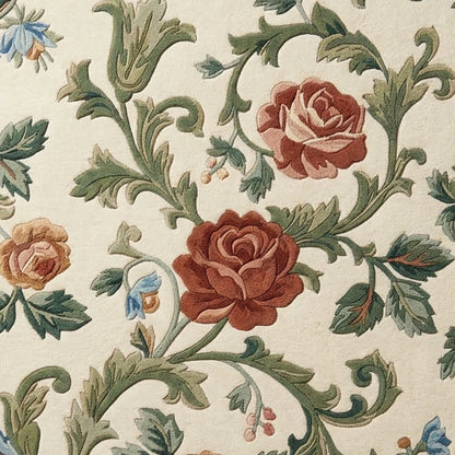 A close-up of a floral patterned fabric or wallpaper featuring large rose motifs in muted terracotta and peach tones, accented by green leaves and small blue flowers on an off-white background.