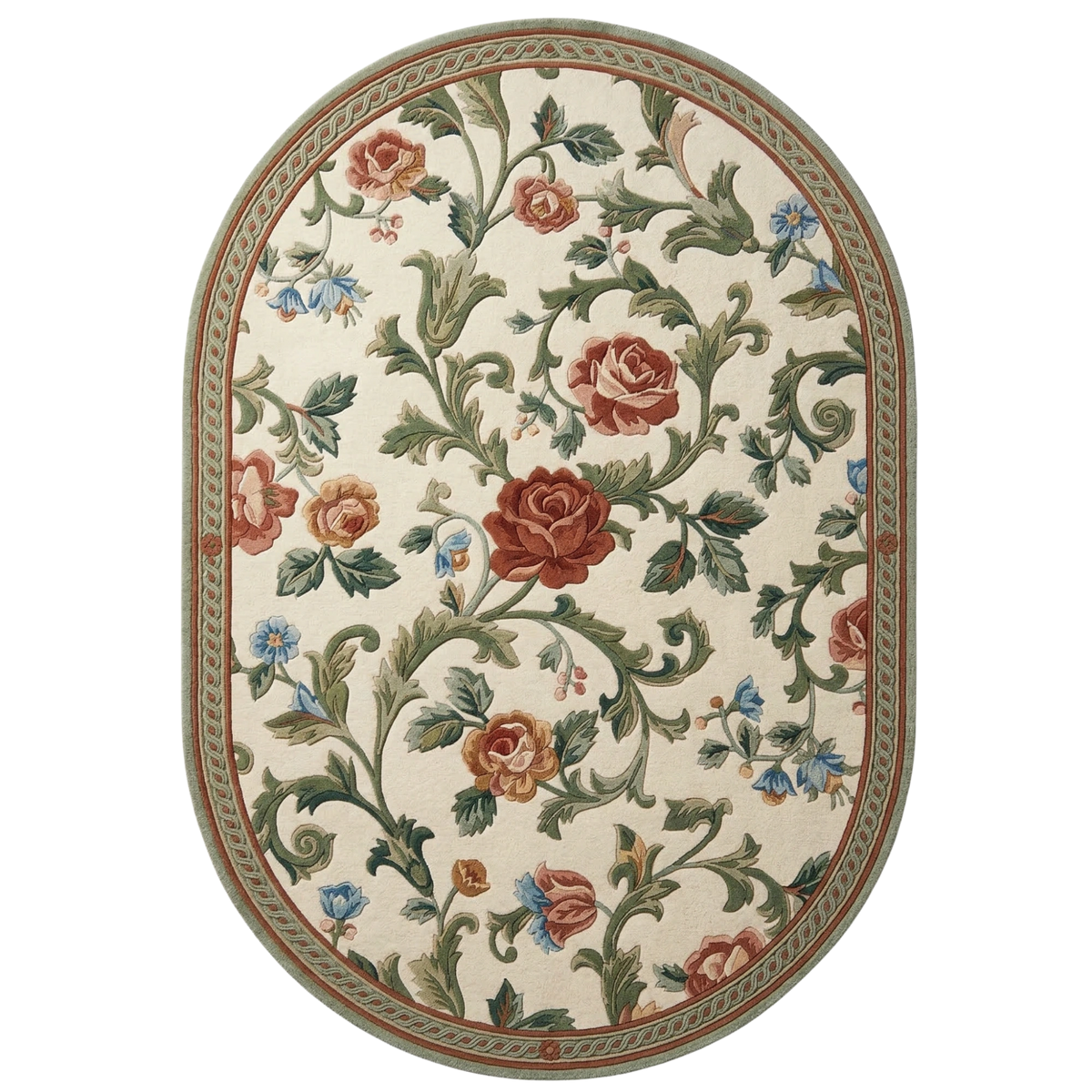 An oval area rug featuring a classic floral vine pattern with red and orange roses, green leaves, and small blue flowers on a cream background, finished with a decorative braided border.