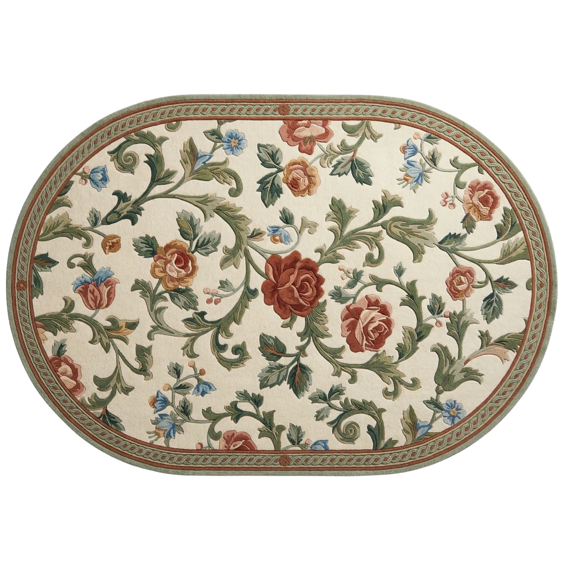 An oval area rug featuring a classic floral vine pattern with red and orange roses, green leaves, and small blue flowers on an off-white background, finished with a decorative border.