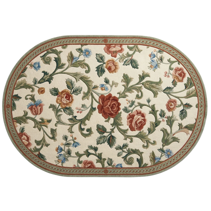 An oval area rug featuring a classic floral vine pattern with red and orange roses, green leaves, and small blue flowers on an off-white background, finished with a decorative border.