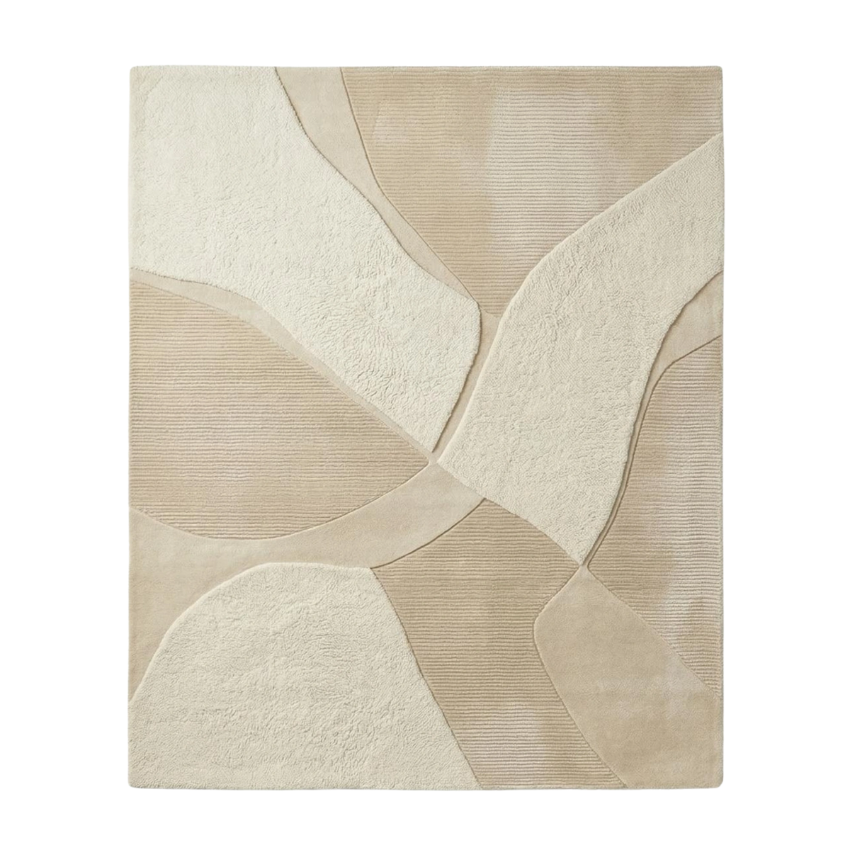 An abstract area rug with a modern geometric pattern of flowing, layered organic shapes in cream and beige tones, featuring a textured, ribbed surface.