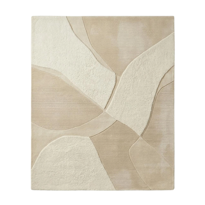 An abstract area rug with a modern geometric pattern of flowing, layered organic shapes in cream and beige tones, featuring a textured, ribbed surface.