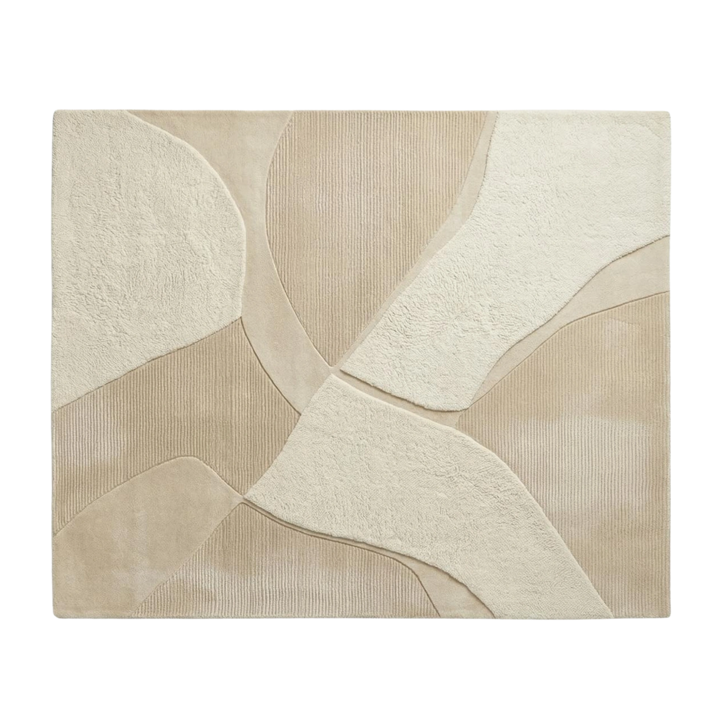 A rectangular area rug with an abstract, modern geometric pattern in shades of beige, cream, and light tan, featuring a textured, layered design.
