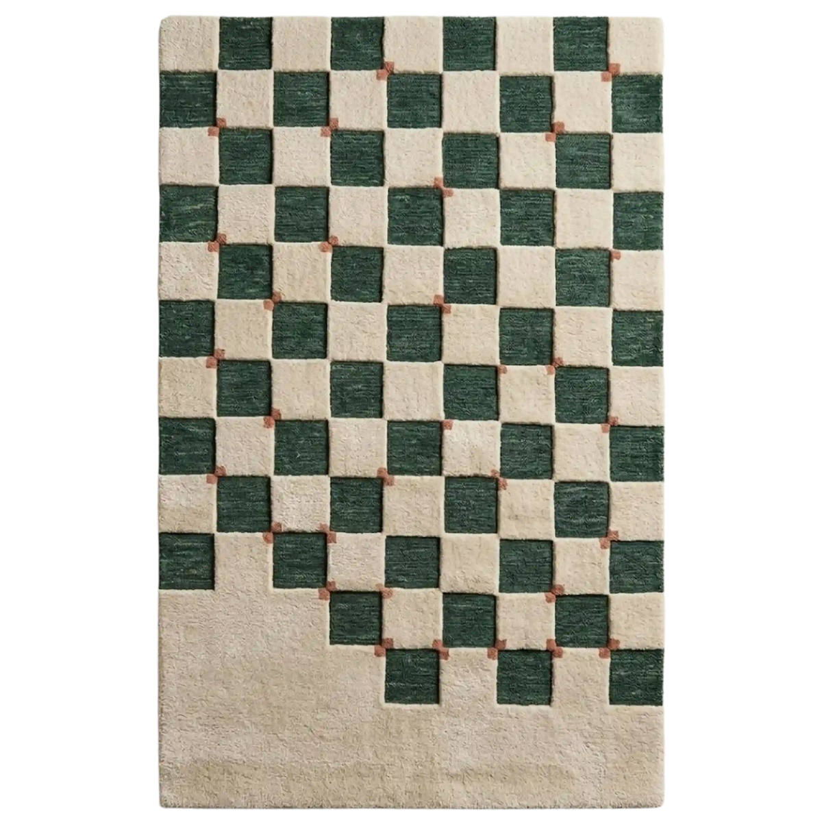 A rectangular area rug with a geometric checkerboard pattern, featuring dark green and cream squares with small rust-brown accents at the intersections, shown flat against a white background.