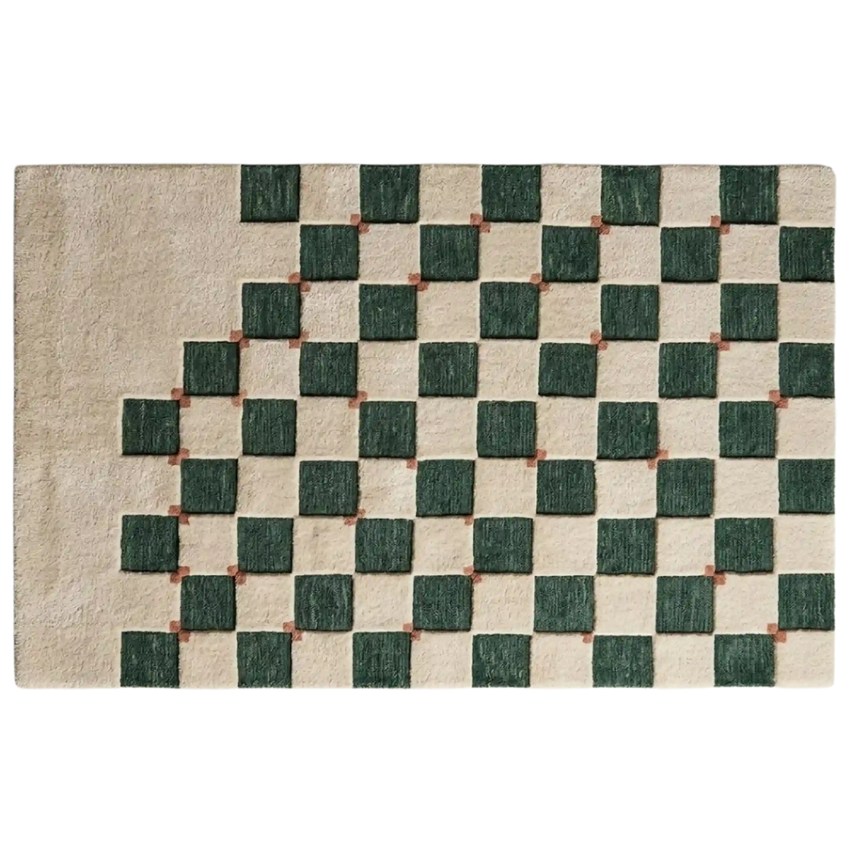 A rectangular area rug with a textured geometric pattern featuring dark green squares on a warm beige background, with small brown accents at the intersections.