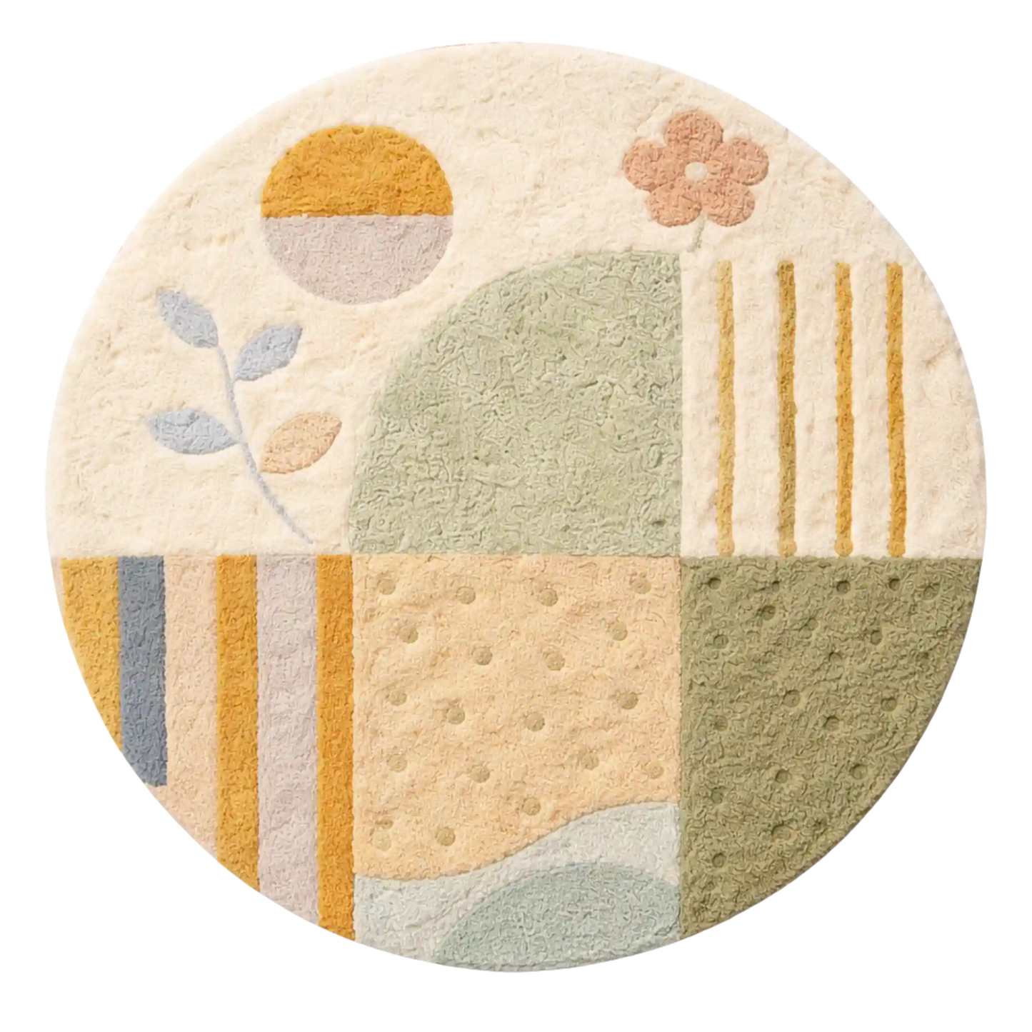A round area rug with a textured, patchwork-inspired design featuring muted colors including sage green, cream, mustard yellow, and soft peach.