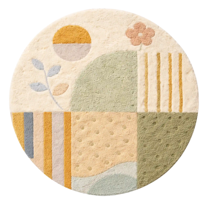 A round area rug with a textured, patchwork-inspired design featuring muted colors including sage green, cream, mustard yellow, and soft peach.