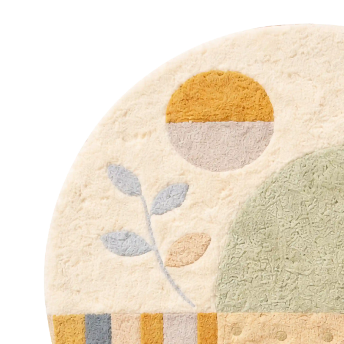 Close-up of a round rug with a minimalist abstract design, featuring a mustard yellow and light gray sun, a pale green oval shape, a gray and peach leaf motif, and a striped border at the bottom on a white background.