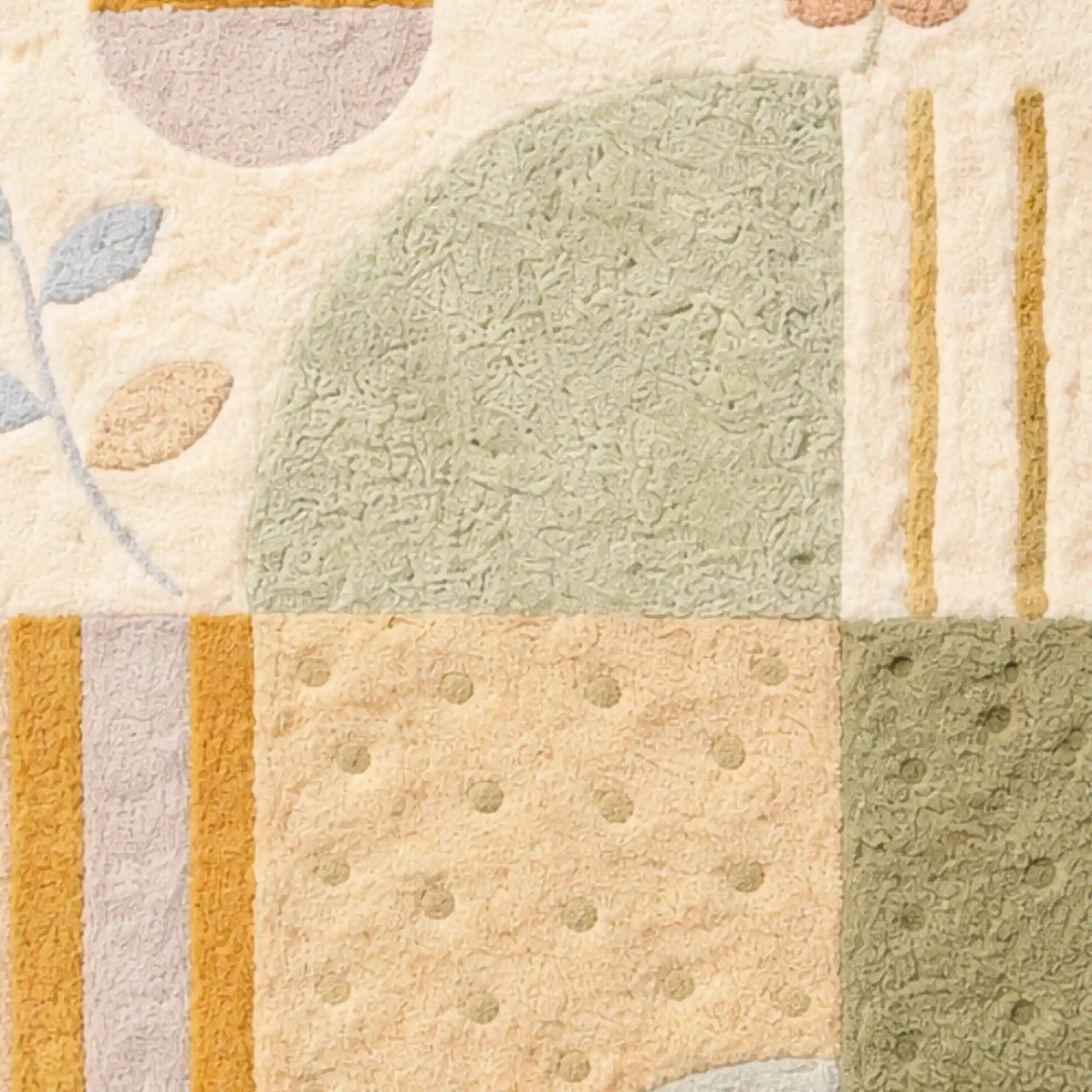 A close-up of a textured area rug with a patchwork design in muted sage green, cream, beige, and mustard yellow tones.