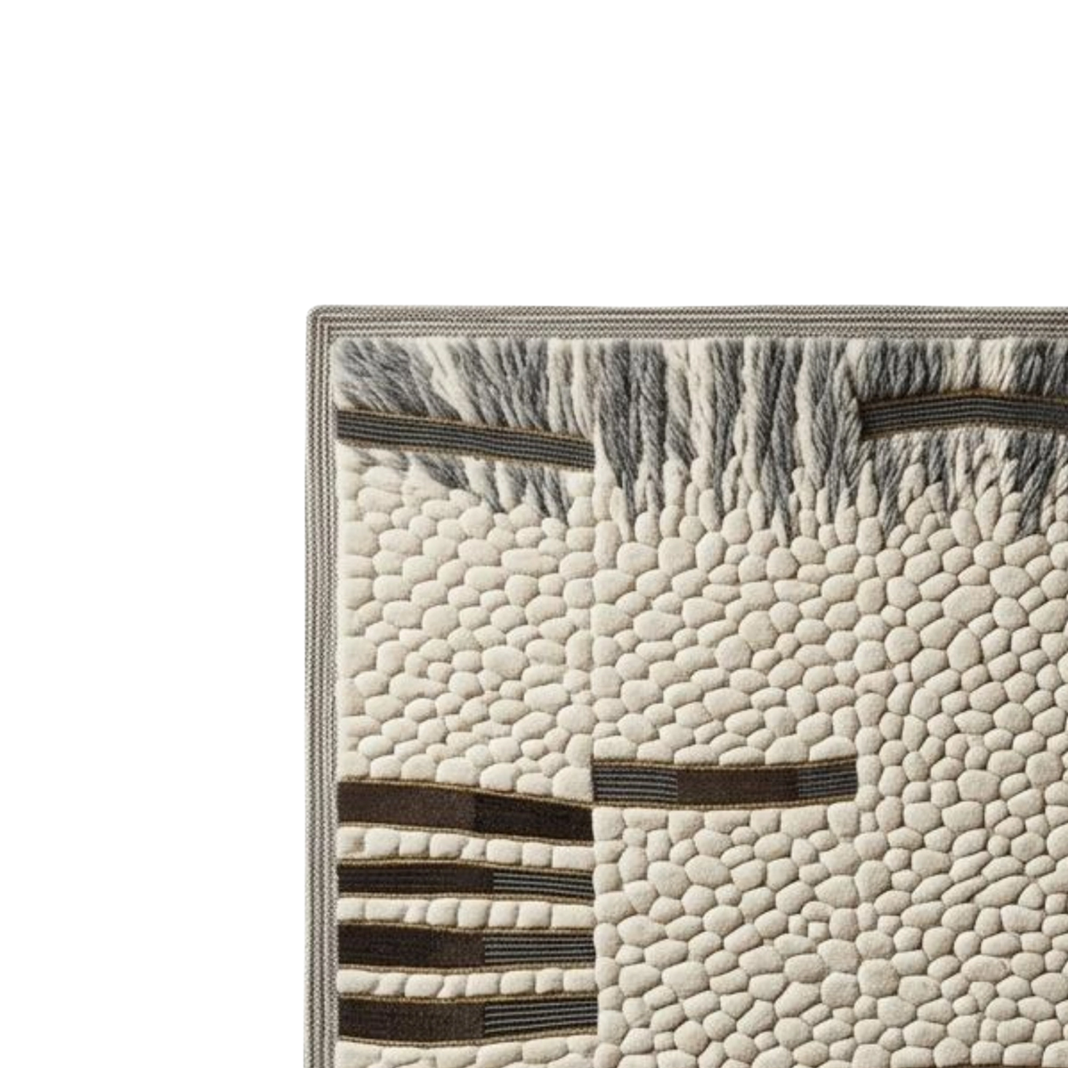 Close-up of a textured area rug corner showing a cream and beige pebble pattern with dark brown horizontal stripes and gray fringe on a white background.
