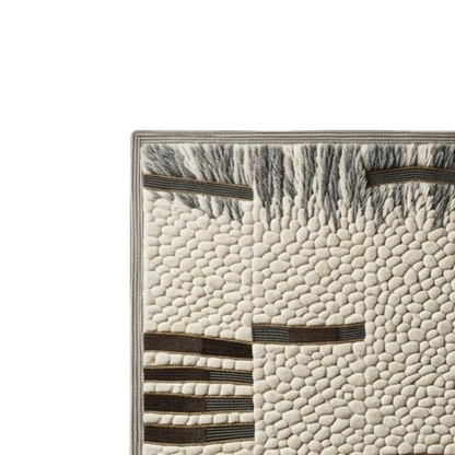 Close-up of a textured area rug corner showing a cream and beige pebble pattern with dark brown horizontal stripes and gray fringe on a white background.