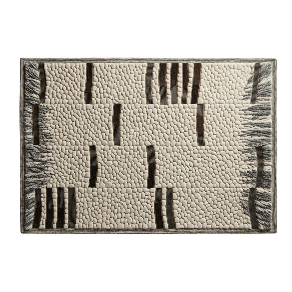 A rectangular area rug with a textured, pebbled surface in cream and beige, featuring dark brown vertical stripe accents and fringed edges.