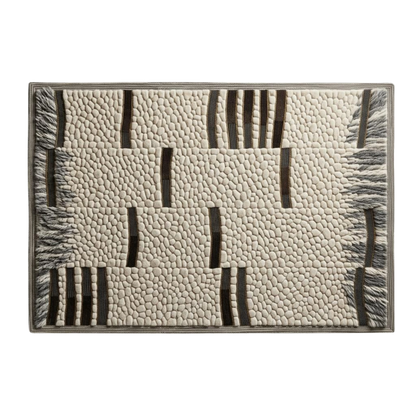 A rectangular area rug with a textured, pebbled surface in cream and beige, featuring dark brown vertical stripe accents and fringed edges.