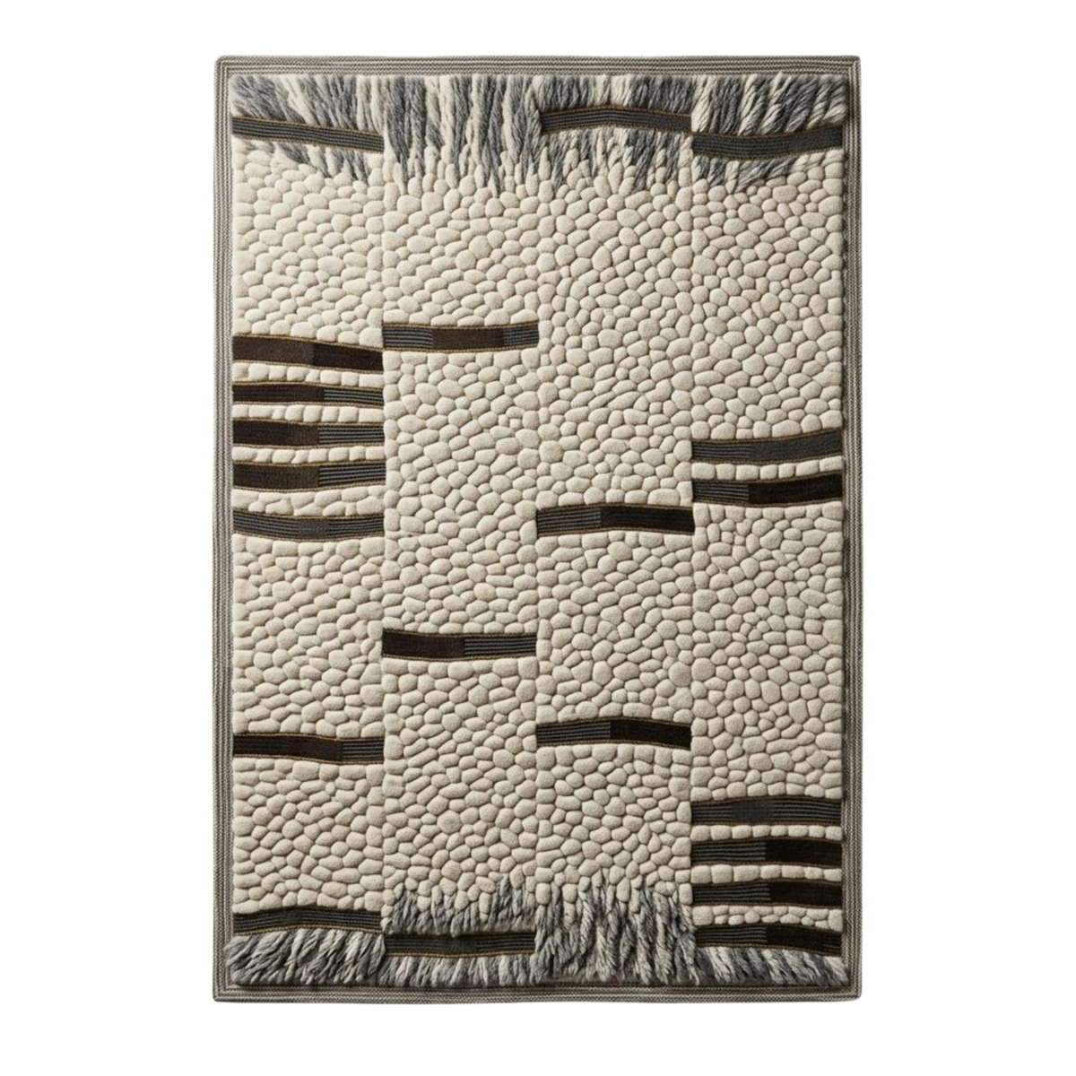 A rectangular area rug with a textured, pebble-like woven pattern in cream and dark brown, featuring horizontal striped geometric accents and fringed edges.