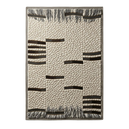 A rectangular area rug with a textured, pebble-like woven pattern in cream and dark brown, featuring horizontal striped geometric accents and fringed edges.