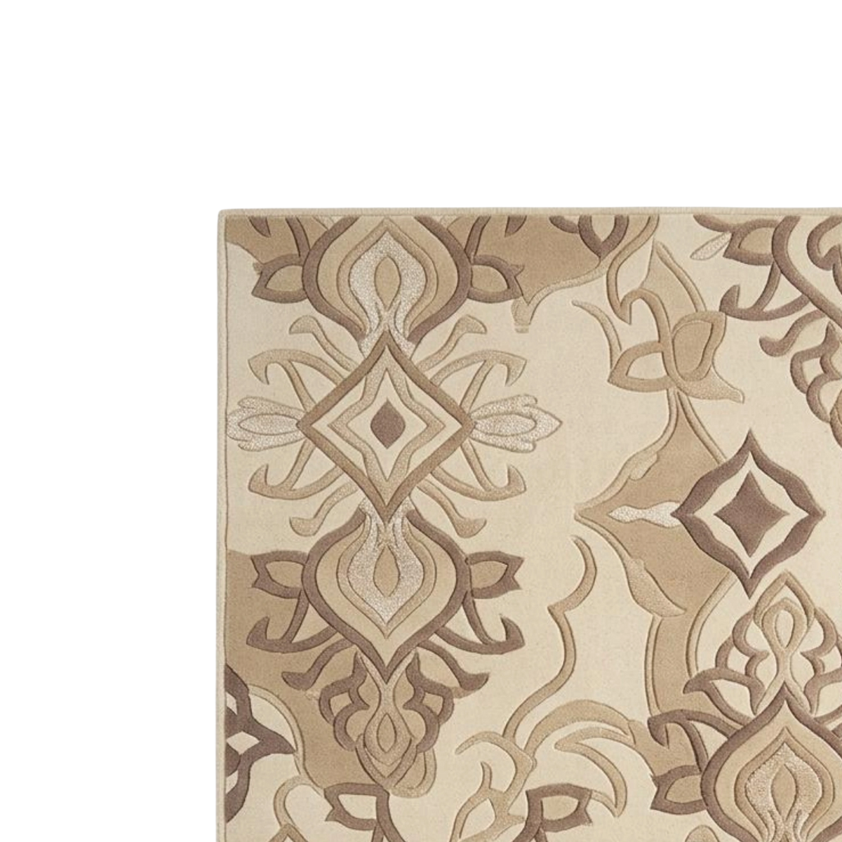 A close-up of a patterned area rug with an ornate medallion and scroll design in beige, tan, and brown tones on a white background.