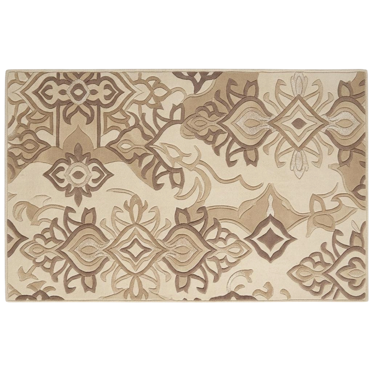 A rectangular area rug with an intricate, multi-layered geometric and floral pattern in shades of beige, tan, and brown on a cream background.