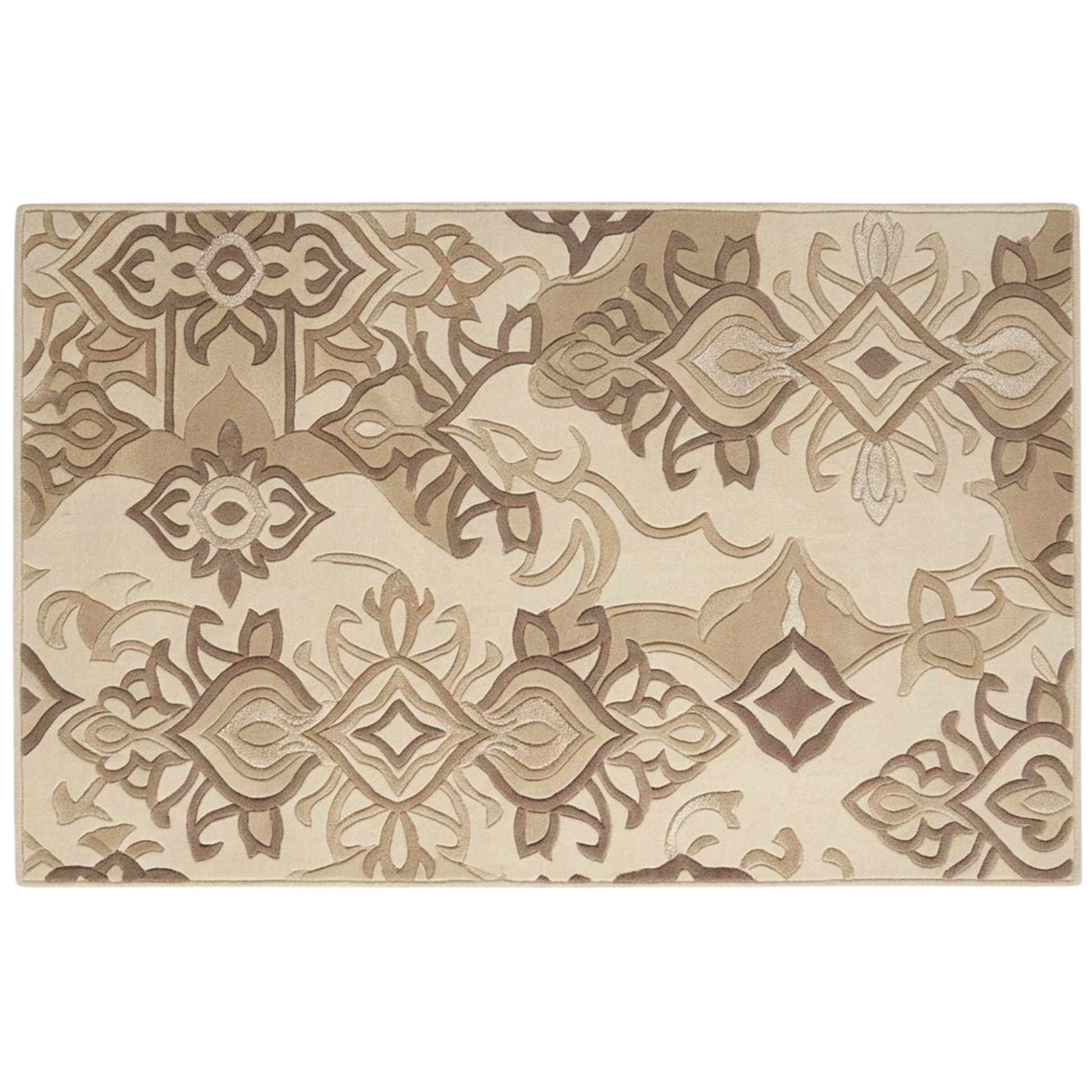 A rectangular area rug with an intricate, multi-layered geometric and floral pattern in shades of beige, tan, and brown on a cream background.