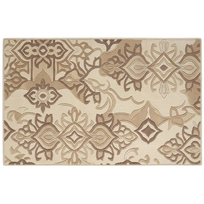 A rectangular area rug with an intricate, multi-layered geometric and floral pattern in shades of beige, tan, and brown on a cream background.