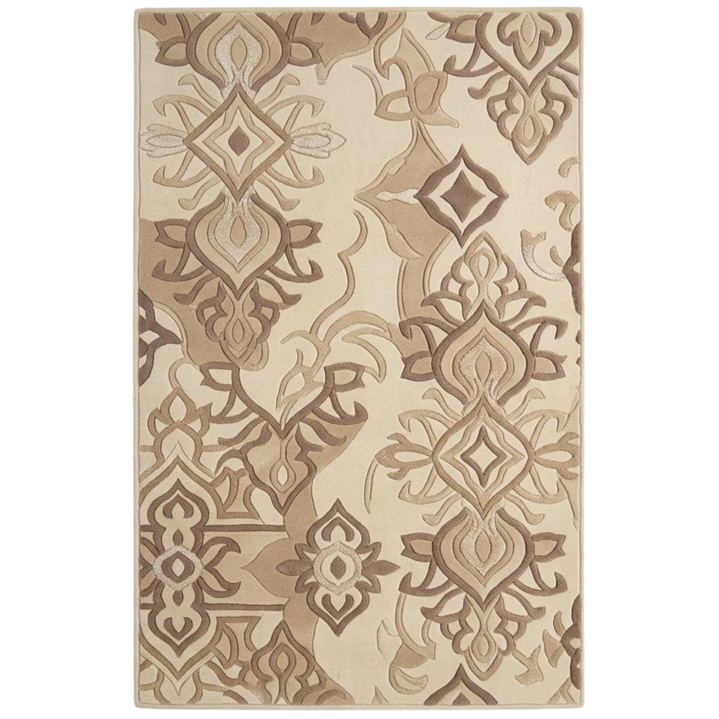 A rectangular area rug with an ornate, symmetrical damask-style pattern in beige, tan, and brown tones, shown flat against a white background.