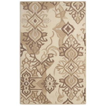 A rectangular area rug with an ornate, symmetrical damask-style pattern in beige, tan, and brown tones, shown flat against a white background.